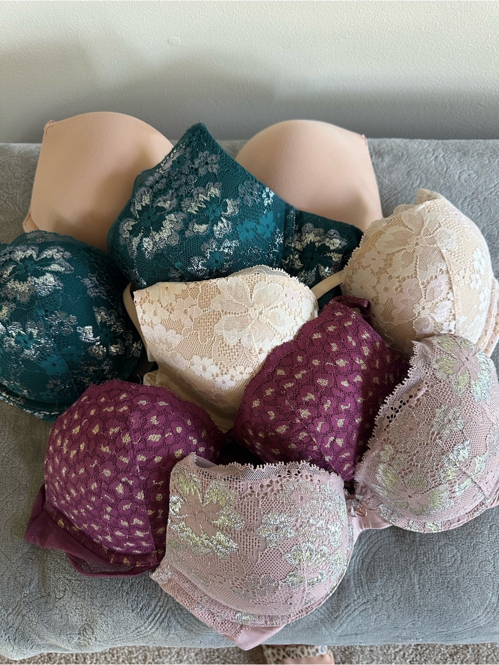 Victoria's Secret Lace & Embroidered Bra Set — Teal, Cream, Plum, Blush